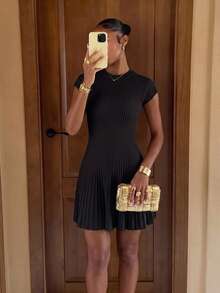 Lumalex Beige Ribbed Mock Neck Cap Sleeve Bodycon Knit Mini Dress With Pleated Skater Hem - Black - View 3