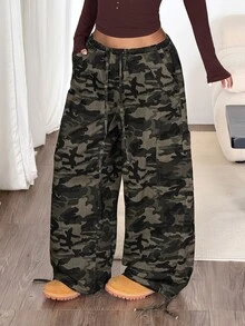 SHEIN PETITE Women's Pocket Button Camouflage Pattern Drawstring Jeans - Army Green - View 6