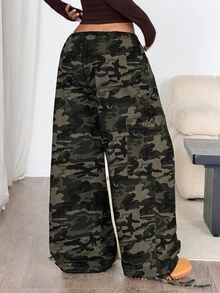 SHEIN PETITE Women's Pocket Button Camouflage Pattern Drawstring Jeans - Army Green - View 2