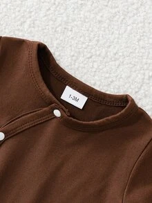 SHEIN 嬰兒側開扣全開式連身足衣，條紋線條與熊圖案，圓領長袖，柔軟舒適 - 彩色 - 查看 7