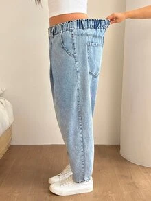 SHEIN CURVE+ Plus Size Women's Carrot Jeans Paper Bag Waist Washed Urban Renaissance Street Style Casual Fashion Creative Personalized Streetwear - Blue - View 2