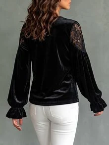 Breezaya French Vintage Black Velvet & Lace Patchwork Blouse, Deep V-Neck Ruffle Collar, Lantern Ruffle Long Sleeve, Sexy Slimming Elegant Commuter Top For Daily Wear, Thanksgiving, Christmas - Black - View 2