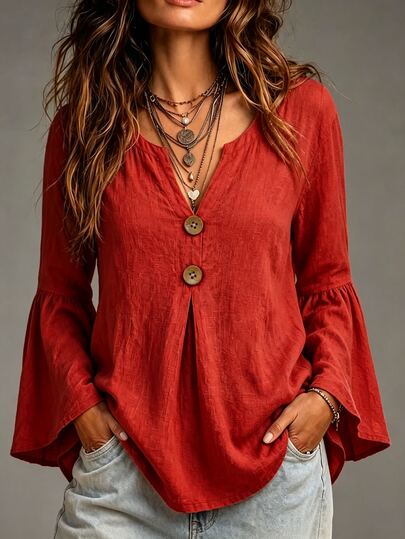 EMERY ROSE European And American Style Plus Size Cotton Linen Blouse For Women, V-Neck With 2 Buttons, Dropped Shoulder, Long Sleeve, Loose Casual Top