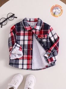 SHEIN 男嬰秋冬休閒格紋翻領長袖鈕扣襯衫外套，保暖內裡格紋夾克，嬰兒外套，聖誕夾克 - 彩色 - 查看 1