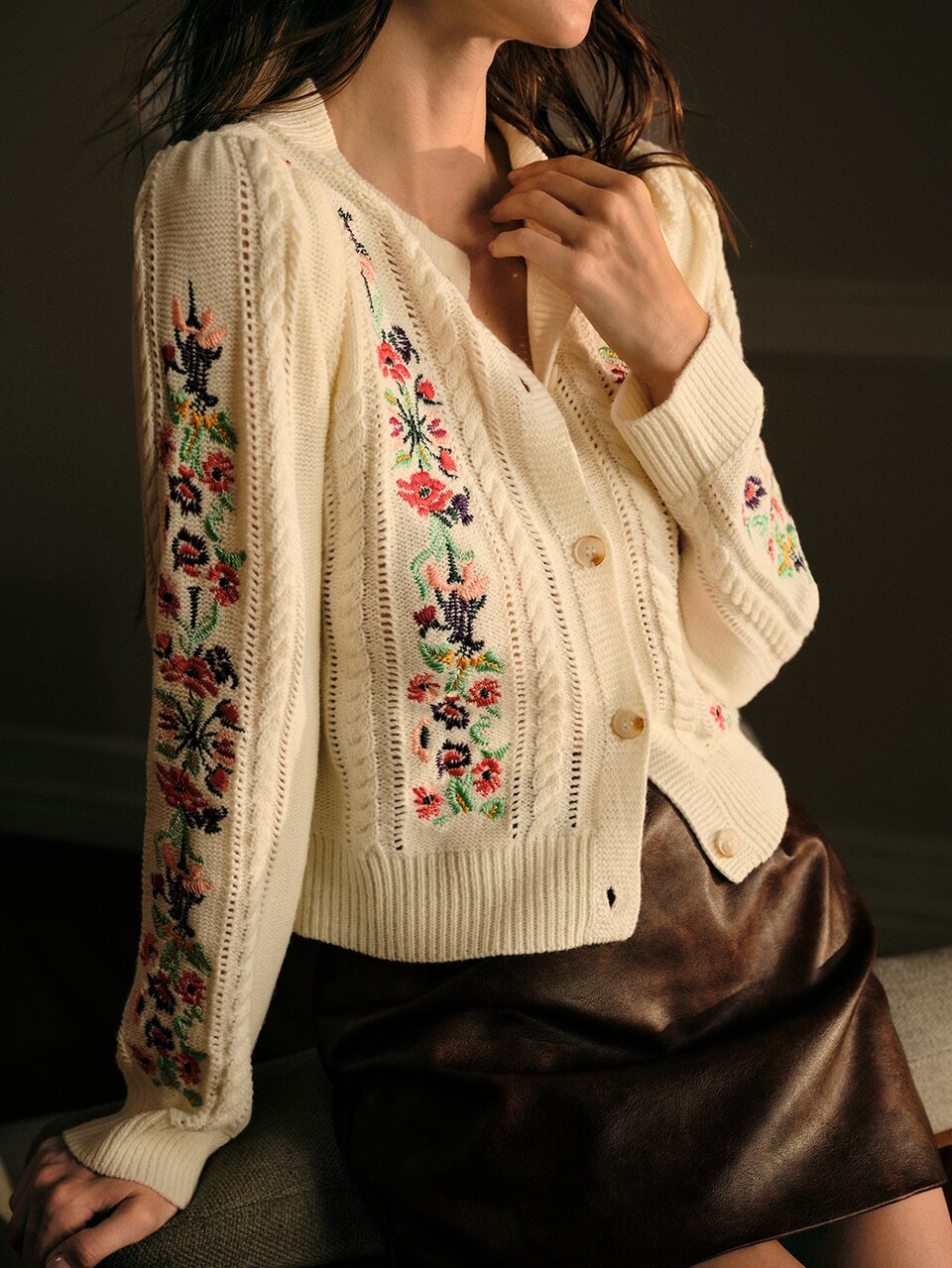 MOTF HEAVY EMBROIDERY HOLLOW FLORAL KNIT PETAL SLEEVE WOMEN'S SWEATER DESIGN KNIT CARDIGAN