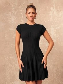 Lumalex Beige Ribbed Mock Neck Cap Sleeve Bodycon Knit Mini Dress With Pleated Skater Hem - Black - View 1