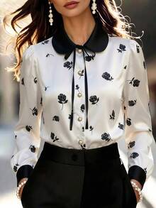 RosyDaze Satin Floral Print Contrast Collar Tie Neck Shirt - Multicolor - View 5