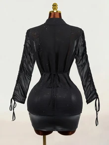 Mistrie Women's Shiny Transparent Black Chiffon Long Sleeve Blazer - Black - View 10