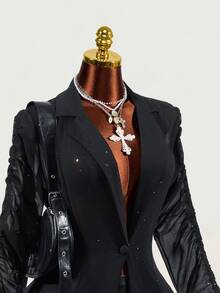 Mistrie Women's Shiny Transparent Black Chiffon Long Sleeve Blazer - Black - View 11
