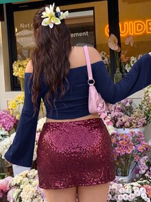 SHEIN EZwear 大尺碼女款純色露肩收腰不對稱下擺時尚百搭長袖T恤 - 藏蓝色 - 查看 2