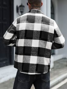 Manfinity Homme 男士格紋羊毛翻領口袋長袖襯衫 - 黑與白 - 查看 2