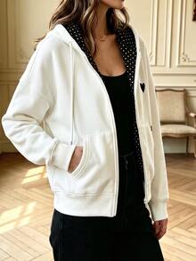 Cévolie Women's Hooded Drawstring Pocket Zipper Heart Pattern Sweatshirt - Black and White - View 7
