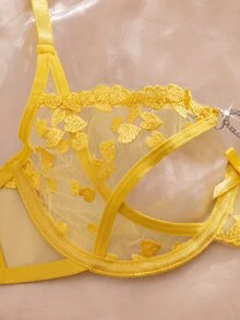 SHEIN 女款刺繡網紗鋼圈內衣與丁字褲2件組，甜美活力風 - 黃色 - 查看 5