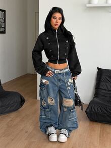 Coolane Women's Fall/Winter Street Avant-Garde Retro Equestrian Style Punk Napoleon Element Button Decor Zipper Long Sleeve Fitted Black Sweatshirt - Black - View 2
