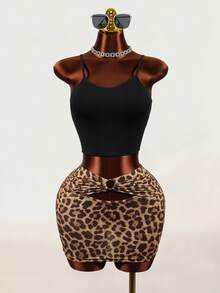 Mistrie Women's Sexy Leopard Print Hollow Out Tie Skirt - Coffee Brown - View 5