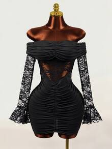 Mistrie Women's Sexy Lace Sheer Ruched Dress - Black - View 9