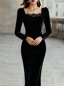 RosyDaze Women's Solid Color Square Neck Lace Patchwork Waist-Cinching Slimming Elegant Long Sleeve Dress - Black - View 5