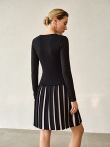 MOTF PREMIUM WOMEN'S ROUND NECK LONG SLEEVE SINGLE-BREASTED KNIT DRESS - Black - View 4