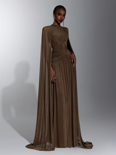 Elitara Elegant Romantic Fashion Sexy Coffee Color Elastic Mesh Flutter Sleeve Pleated Decor A-Line Elegant Party Dress Wedding Guest Dress Bachelorette Party Dress Formal Evening Dress Bridesmaid Dress