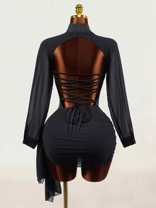 Mistrie Women's Long Sleeve V-Neck Waist-Cinching Top And Knot Bottom Two Pieces Set - Black - View 6