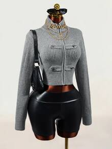 Mistrie Cardigan Wanita Lengan Panjang Kasual Modis dengan Kerah Tegak dan Resleting - Grey - View 5
