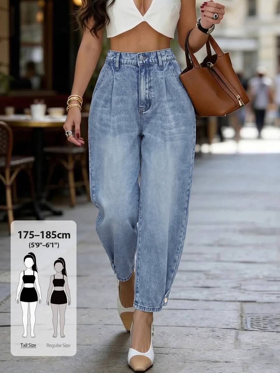 SHEIN Tall 女款休閒街頭風純色極簡錐腳牛仔褲,淺藍色,適合早午餐,秋季穿搭 - 藍色 - 查看 1