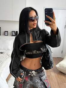 StreetHx Women's Autumn/Winter Black Ultra Short Jacket, Motorcycle Jacket With Reflective Stripes, Y2K Street Fashion, Dark Cool Style - Black - View 1