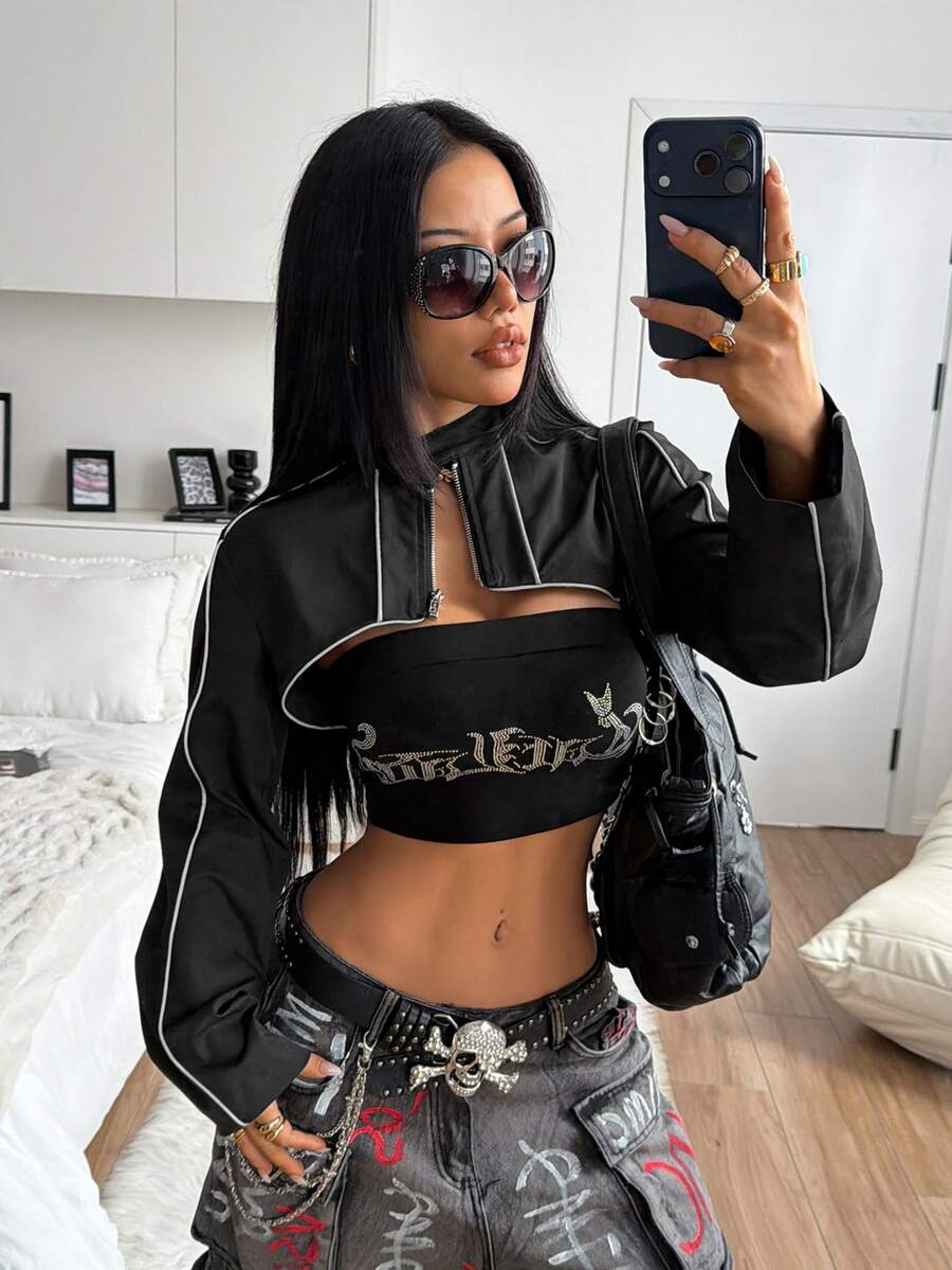 StreetHx Women's Autumn/Winter Black Ultra Short Jacket, Motorcycle Jacket With Reflective Stripes, Y2K Street Fashion, Dark Cool Style - Black - View 1
