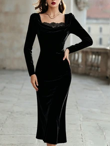RosyDaze Women's Solid Color Square Neck Lace Patchwork Waist-Cinching Slimming Elegant Long Sleeve Dress - Black - View 3