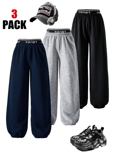 SHEIN 3pcs/Set Tween Girls Loose Casual Baggy Elastic Patchwork Waistband Tapered Leg Pants Street Style Sports School Navy Blue Grey Black Winter