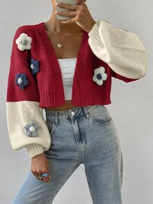 Flirla Women's Contrast Color Floral Decor Fun Versatile Cardigan - Multicolor - View 3