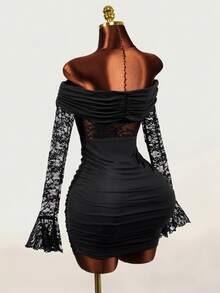 Mistrie Women's Sexy Lace Sheer Ruched Dress - Black - View 2