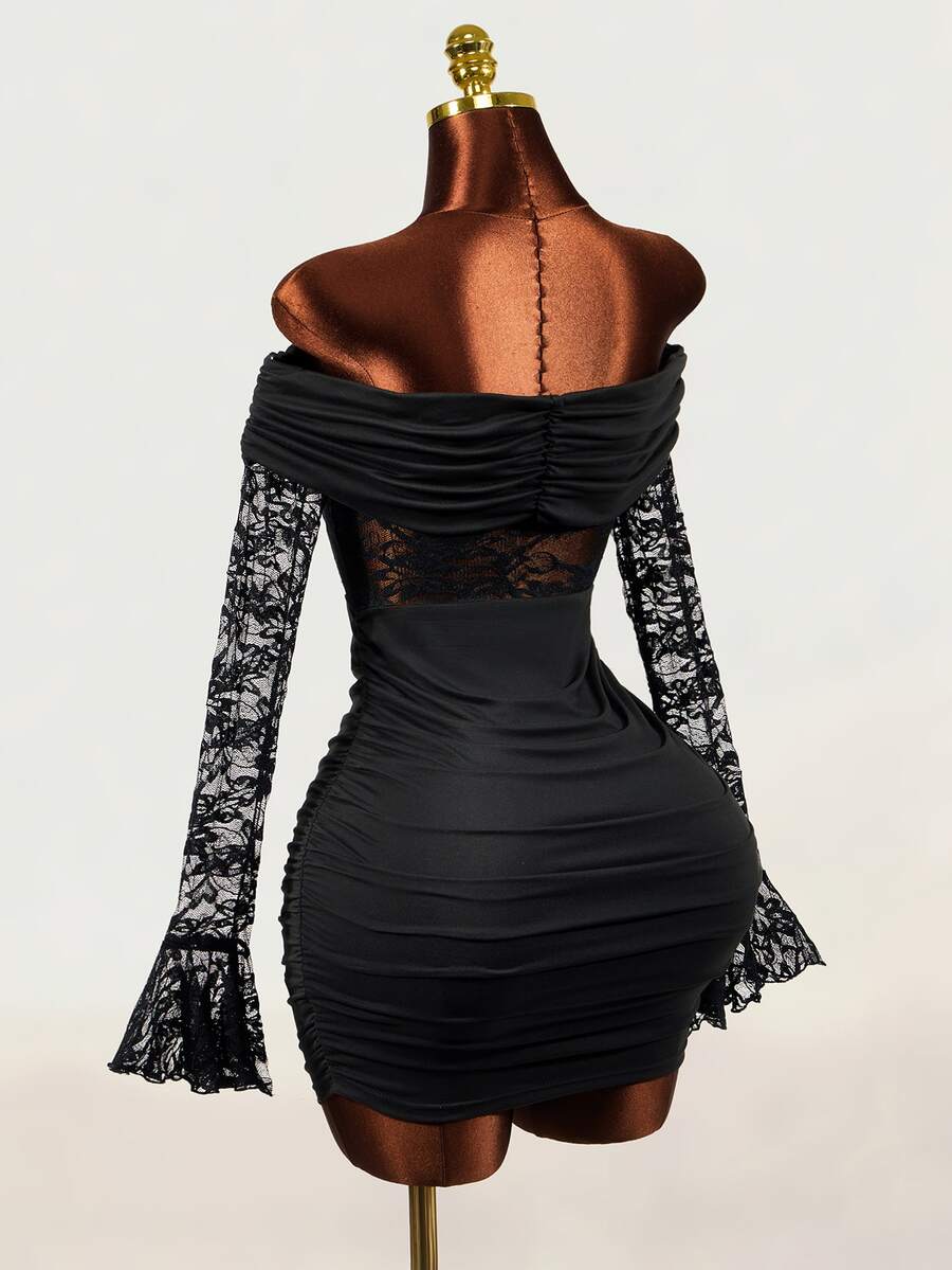 Mistrie Women's Sexy Lace Sheer Ruched Dress - Black - View 1