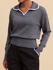 Travachic Women's Shell Embroidery Contrast Color Long Sleeve Sweater, Versatile For Daily Wear - Grey - View 6