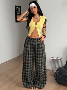 Coolane 女款秋季保暖休閒時尚優雅綠色海軍藍格紋彈性抽繩腰寬鬆寬腿長款居家長褲 - 綠色 - 查看 5