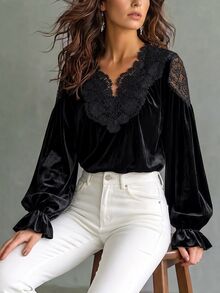 Breezaya French Vintage Black Velvet & Lace Patchwork Blouse, Deep V-Neck Ruffle Collar, Lantern Ruffle Long Sleeve, Sexy Slimming Elegant Commuter Top For Daily Wear, Thanksgiving, Christmas - Black - View 8