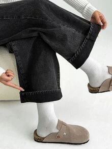 SHEIN PETITE 女款秋冬抽繩鬆緊腰睡褲牛仔褲，都市文藝復興街頭風，休閒時尚創意個性街頭穿搭 - 黑色 - 查看 6