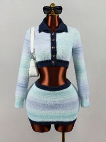 Mistrie Collared Striped Fuzzy Knit 2 Pieces Outfit, Long Sleeve Button Front Crop Cardigan & High Waist Mini Skirt, Colorful Sweet Fall Winter Matching Set - Multicolor - View 8