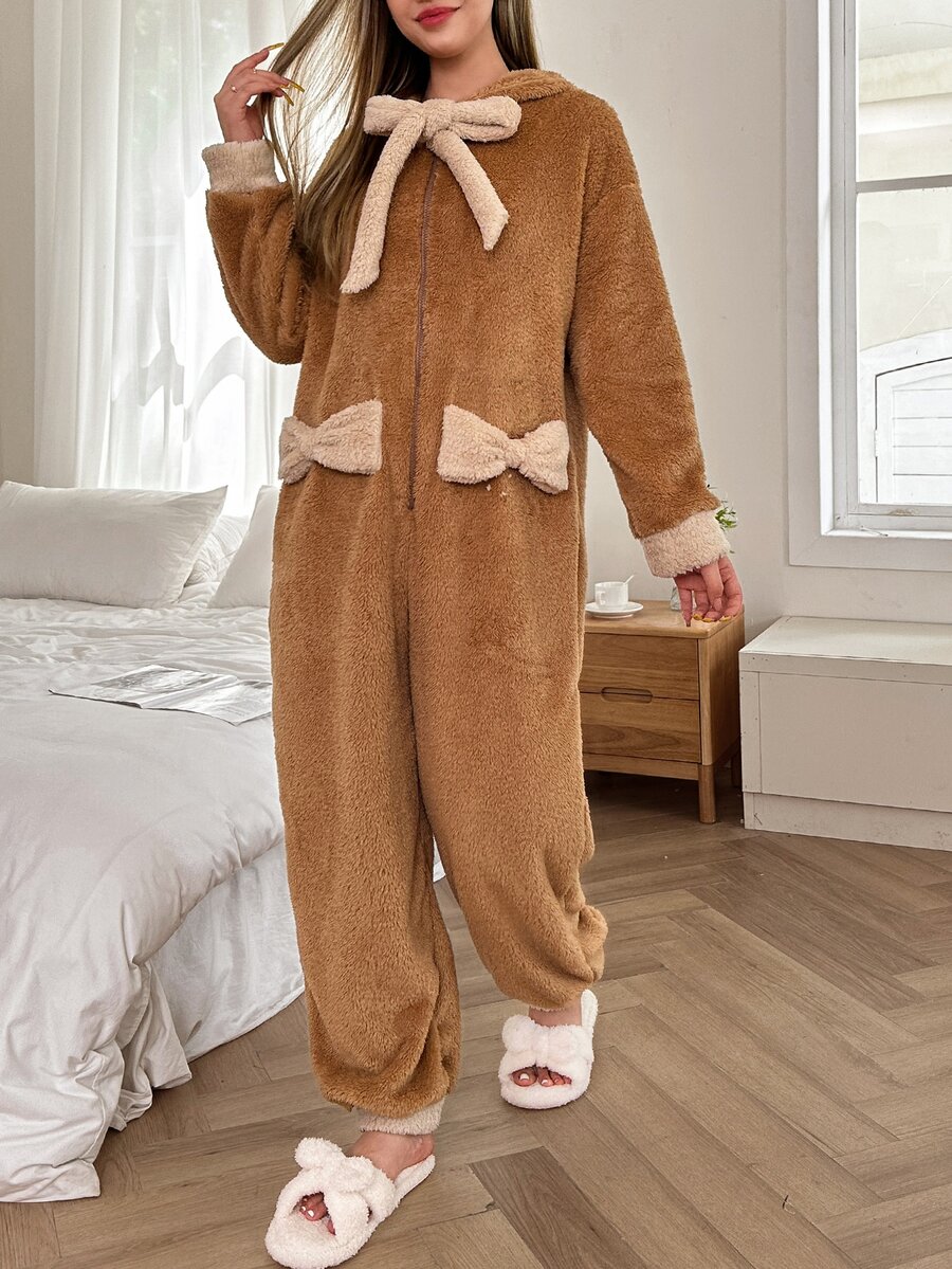 Dream Adore Cute Women's Autumn/Winter Plush Colorblock Bow Animal Design Hooded One-Piece Pajamas - Multicolor - View 1