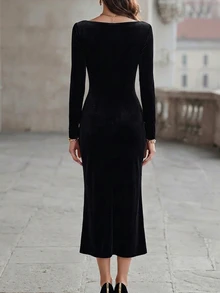 RosyDaze Women's Solid Color Square Neck Lace Patchwork Waist-Cinching Slimming Elegant Long Sleeve Dress - Black - View 2