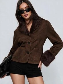 Avenya Vintage Style Faux Fur Patchwork Lapel Suede Pocket Short Jacket - Brown - View 1