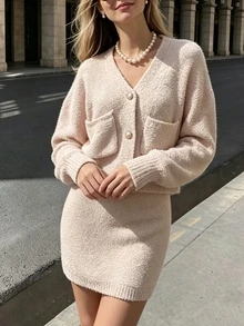 Cévolie Women's Solid Color Long Sleeve V-Neck Pocket Top And Skirt Knit Set - Apricot - View 5