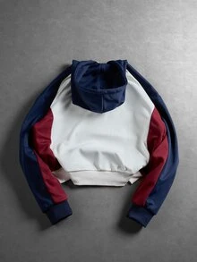 Daypath American Vintage Colorblock Double Zipper Hooded Sweatshirt, Multi-Color Patchwork Loose Casual Sweatshirt - Beige - View 2