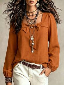 Linhara CURVE Plus Size Casual Loose Round-Neck Long-Sleeve Shirt - Orange - View 1
