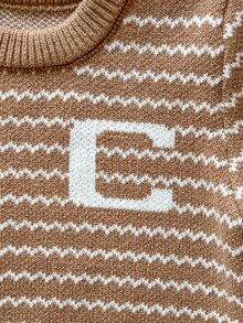 SHEIN Baby Boy Sweater, Turn-Down Collar Long Sleeve Striped Colorblock Knit, Suitable For Spring, Autumn, Winter, Autumn/Winter - Khaki - View 3