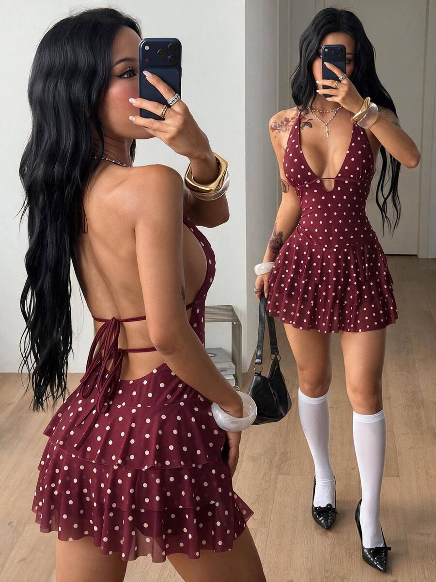 Coolane Women's V-Neck Red Polka Dot Sleeveless Backless Halter Mini Dress - Burgundy - View 1