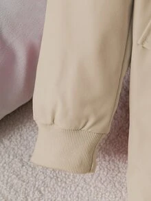 SHEIN 女童與青少年休閒時尚梭織素色長袖連帽單排扣夾克，飾口袋與全印花花卉圖案 - 卡其色 - 查看 5