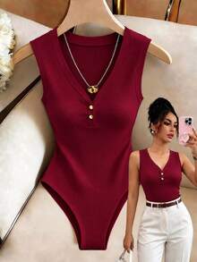 Franclia Women's Sleeveless V-Neck Button Decor Bodysuit, Suitable For Home, Office, Dating, Resting, Commuting And More - Burgundy - View 1