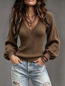 Trelyra Women's Minimalist Casual Lantern Sleeve V-Neck Sweater, Autumn/Winter - Coffee Brown - View 4