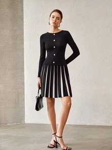 MOTF PREMIUM WOMEN'S ROUND NECK LONG SLEEVE SINGLE-BREASTED KNIT DRESS - Black - View 6